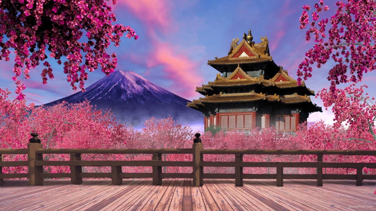 Дворец в Японии с сакурой