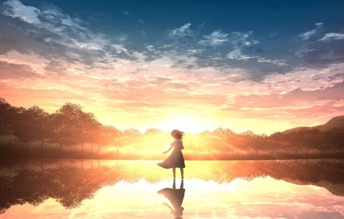 Аниме девушка на закате