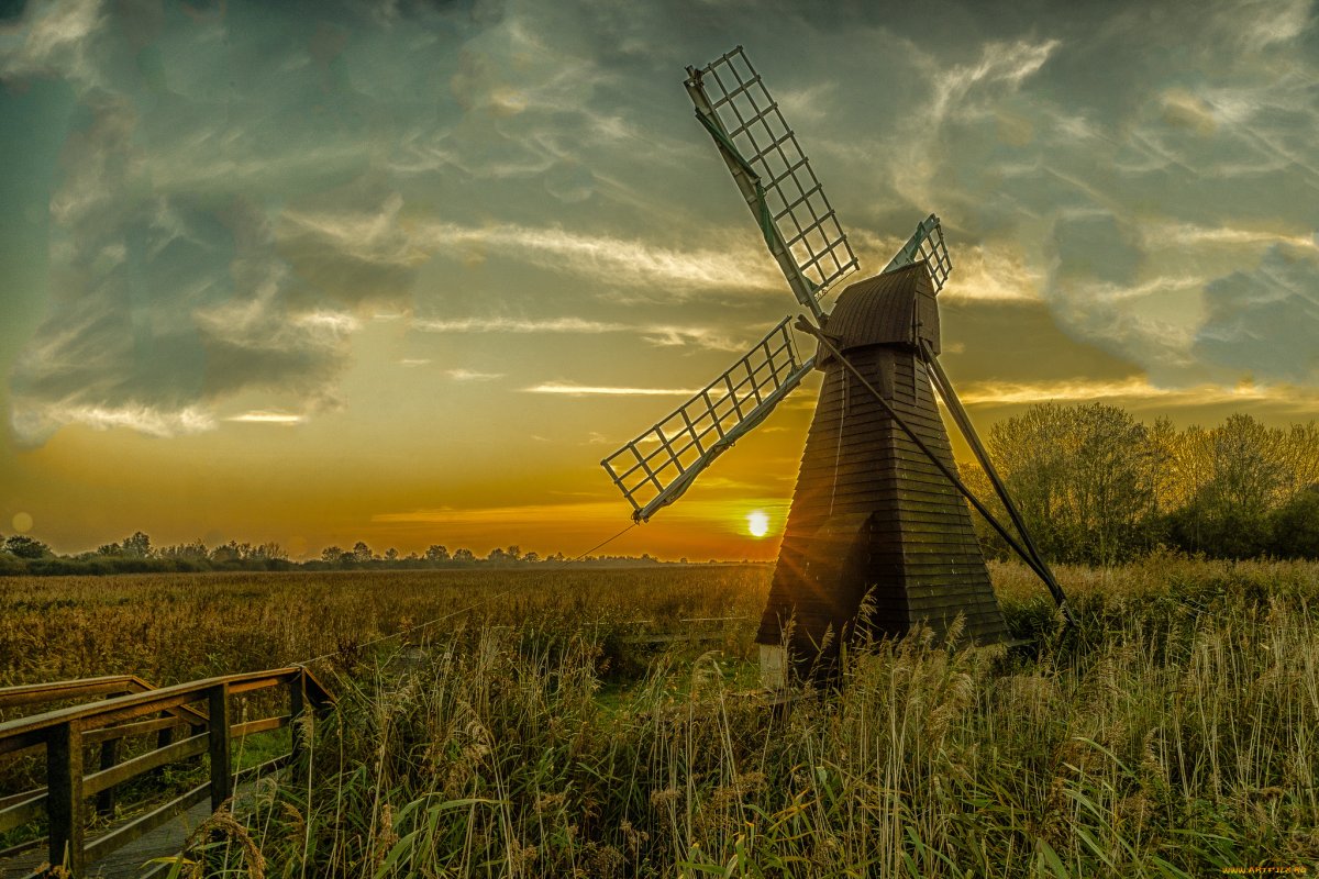 Красивый пейзаж с мельницей