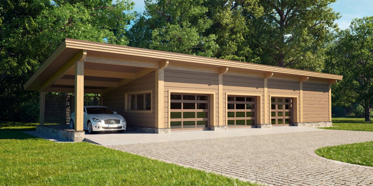 Деревянный сарай с навесом для машины