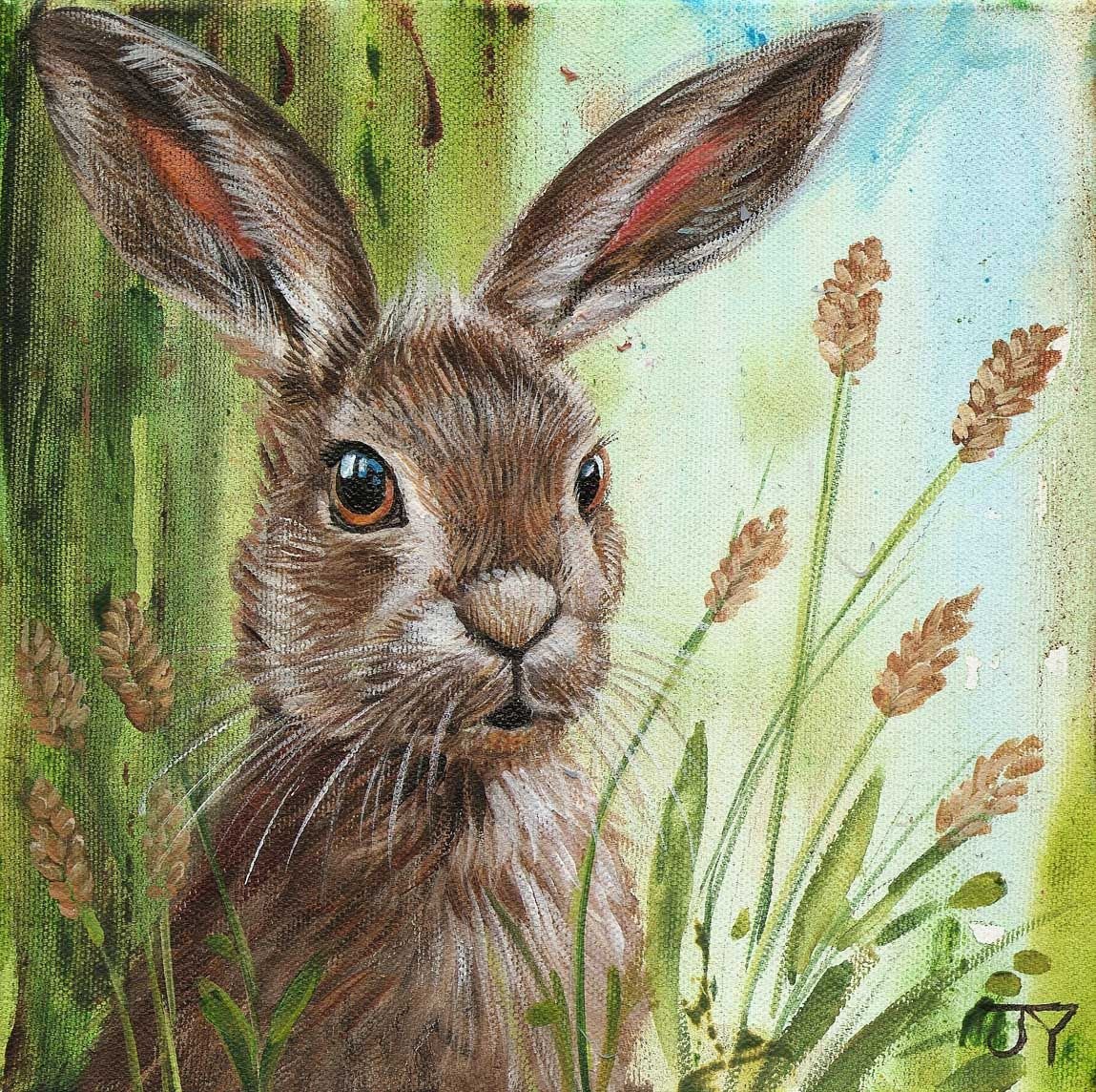 Портрет зайчика. Зайчик гуашью. Кролик гуашью. Кролик в траве в живописи. Заяц иллюстрация.