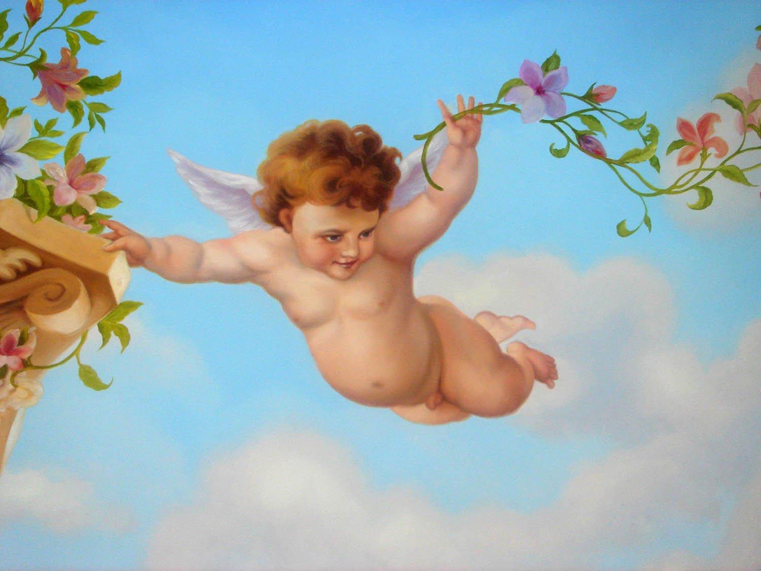 Little angel на русском языке. Ангелочки в облаках. Летающие ангелочки. Ангел фреска. Картина ангел.