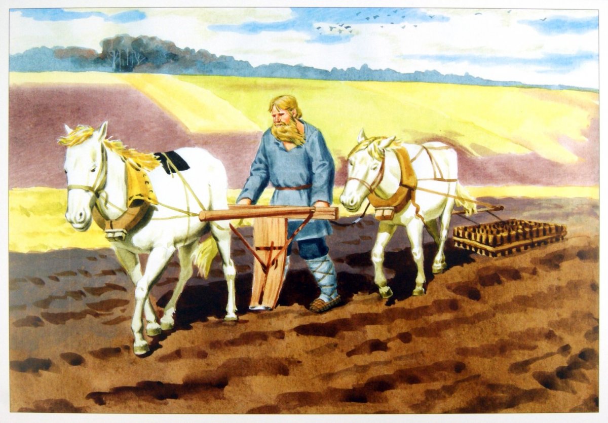 Лошадь пашет землю