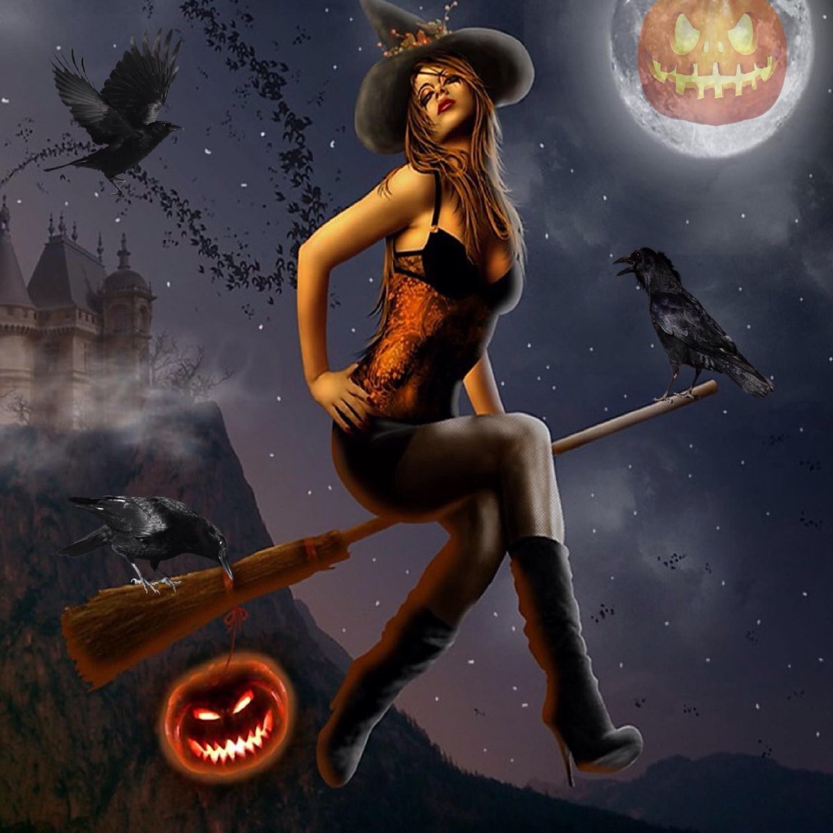 Красивая ведьма на метле