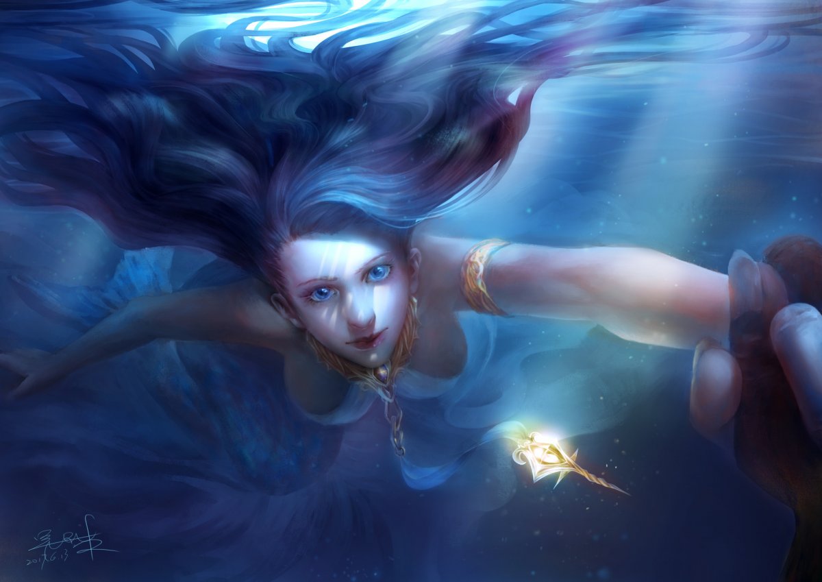 Русалка выглядывает из воды арт