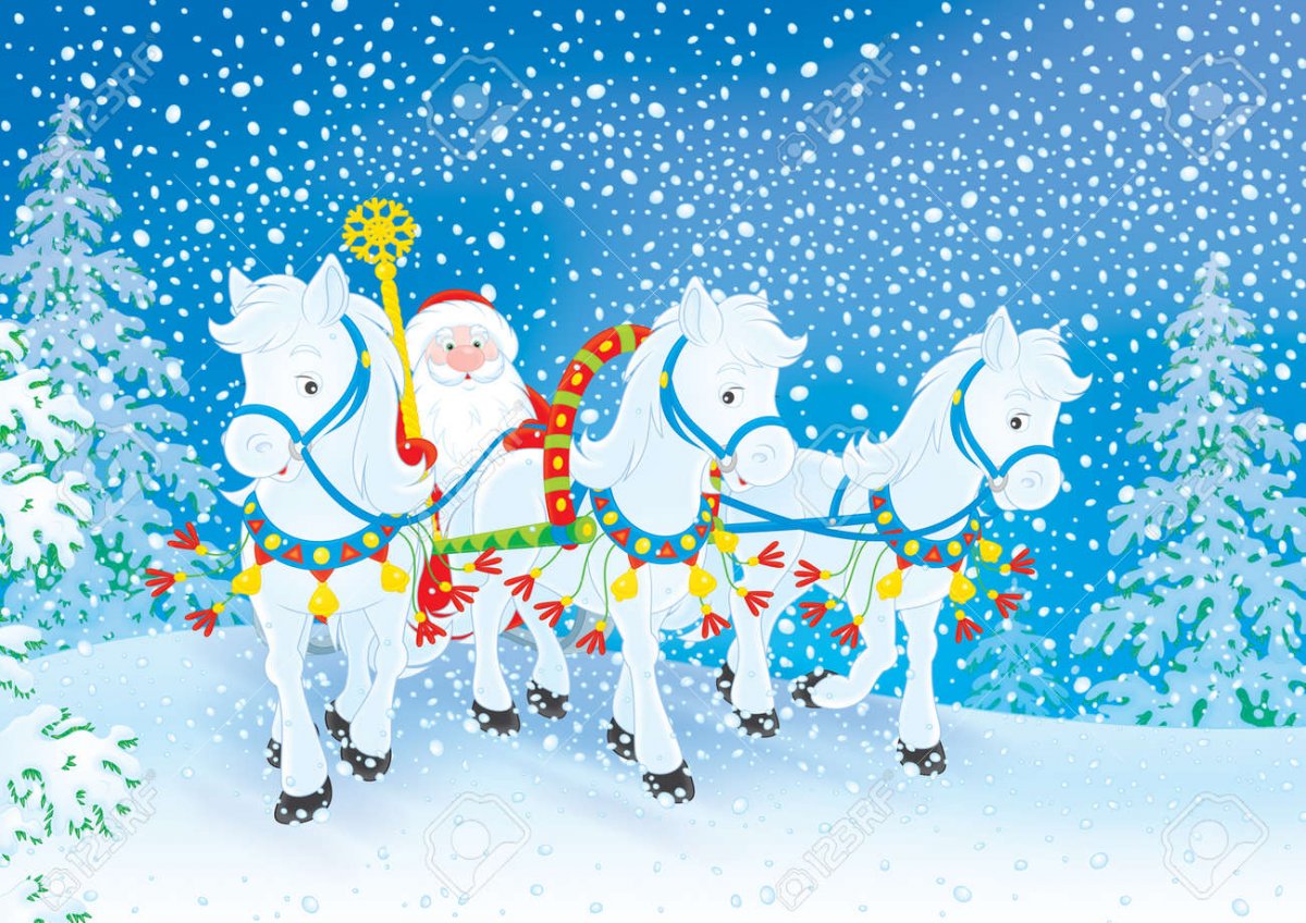 Дед Мороз на санях с лошадьми для детей