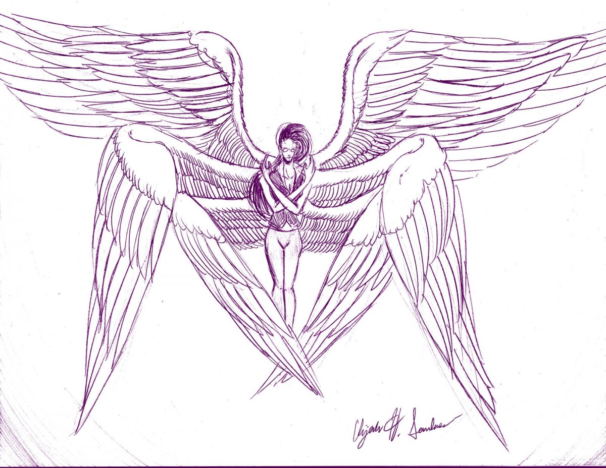 Набросок ангела с расправленными крыльями
