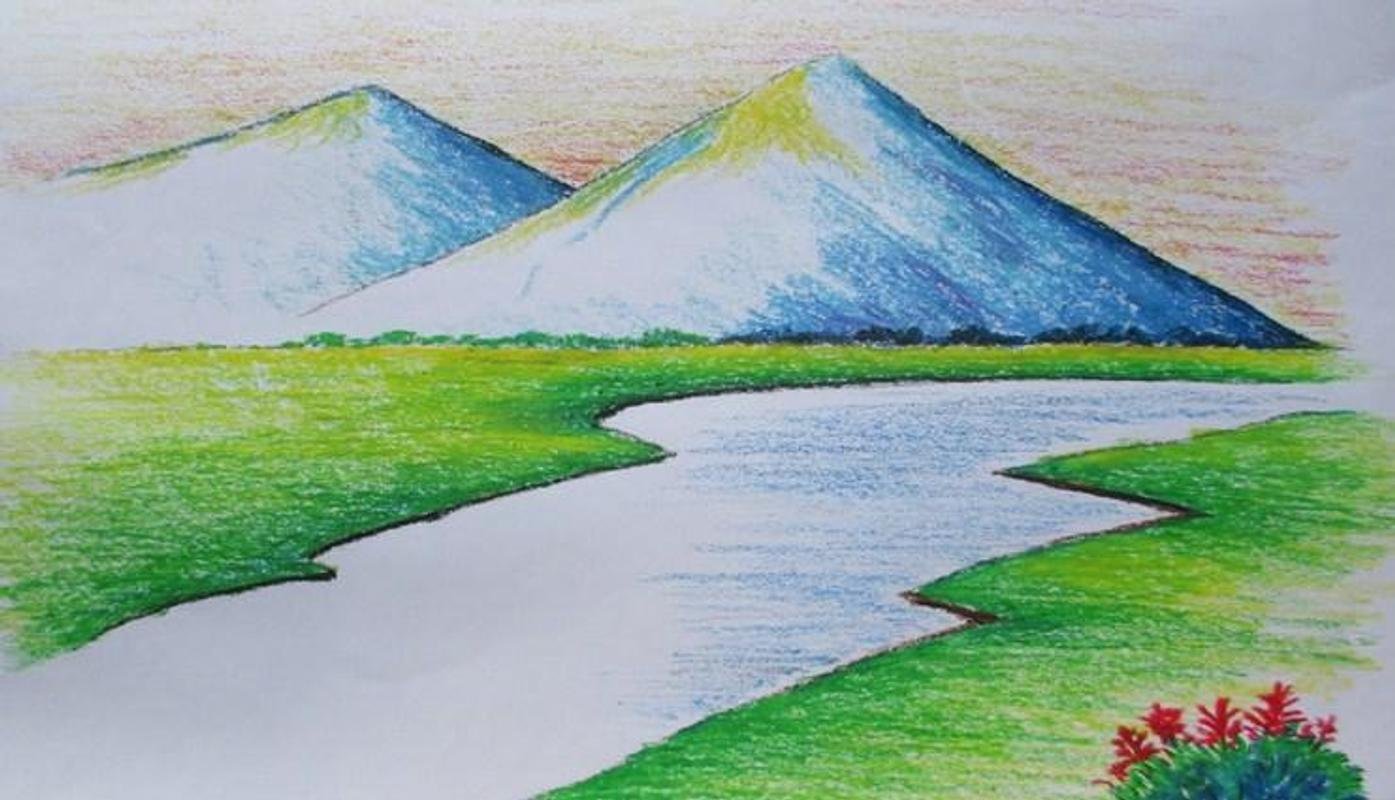 Рисунок показывающий красоту реки озера или моря. Пейзаж рисунок. Пейзаж легкий. Легкие пейзажи. Пейзаж цветными карандашами для детей.