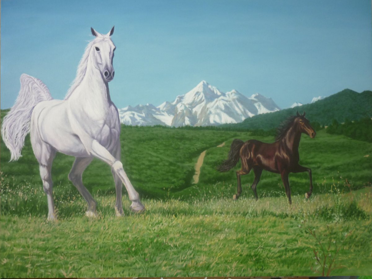 Лошади на фоне гор в живописи