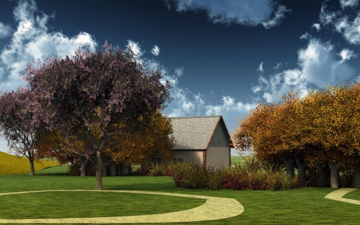 Лужайка с деревьями