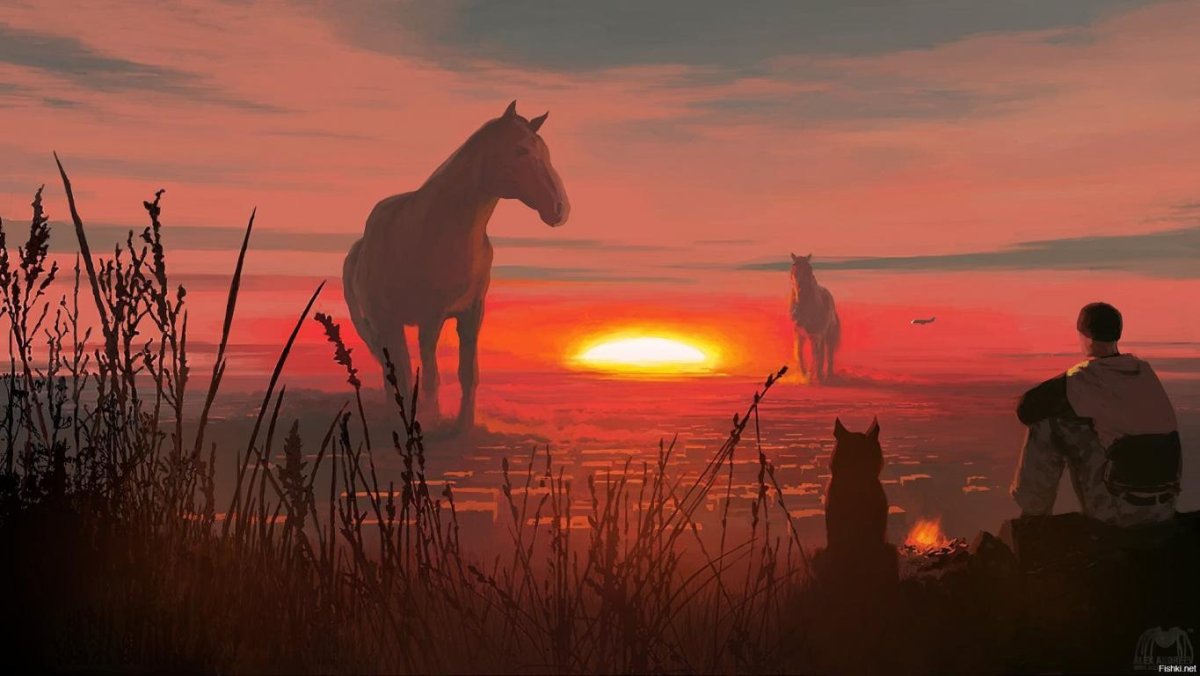 Казак с лошадью на закате