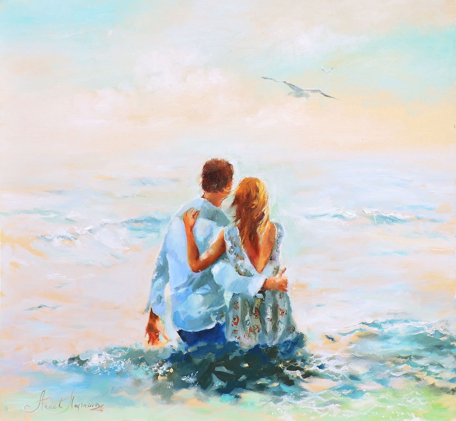 Маслом будет хватать. Логинова Аннет пара море. Картина счастье. Живопись любовь. Влюбленные на море живопись.