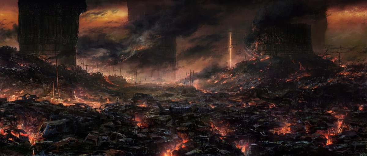 Разрушенный горящий город