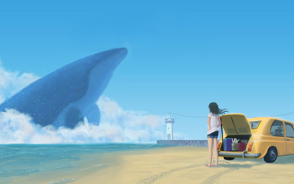 Девочка в океане с китом аниме