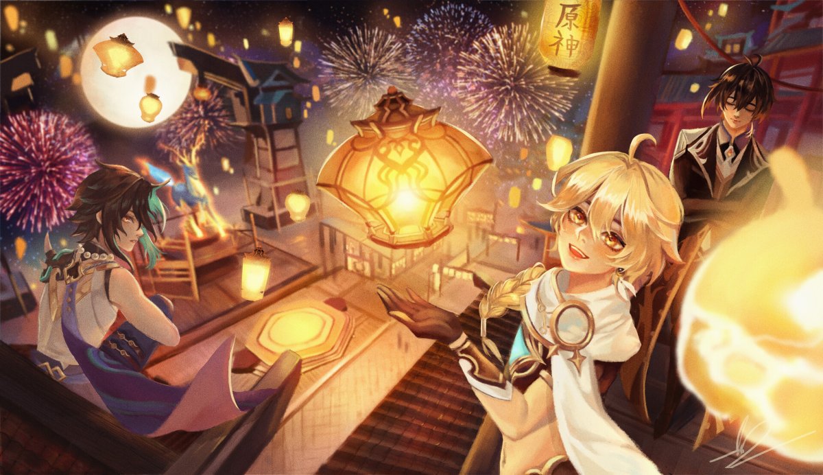 Сяо и фонари Геншин Импакт