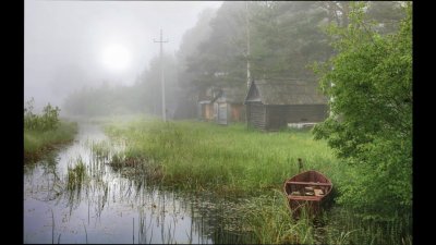Туман Церковь река вечер деревенский дом
