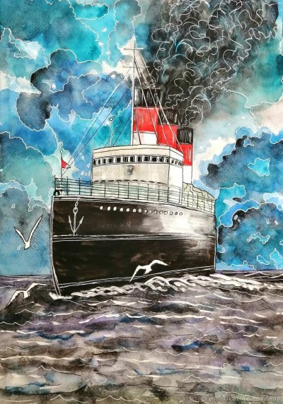 Акварель пароход
